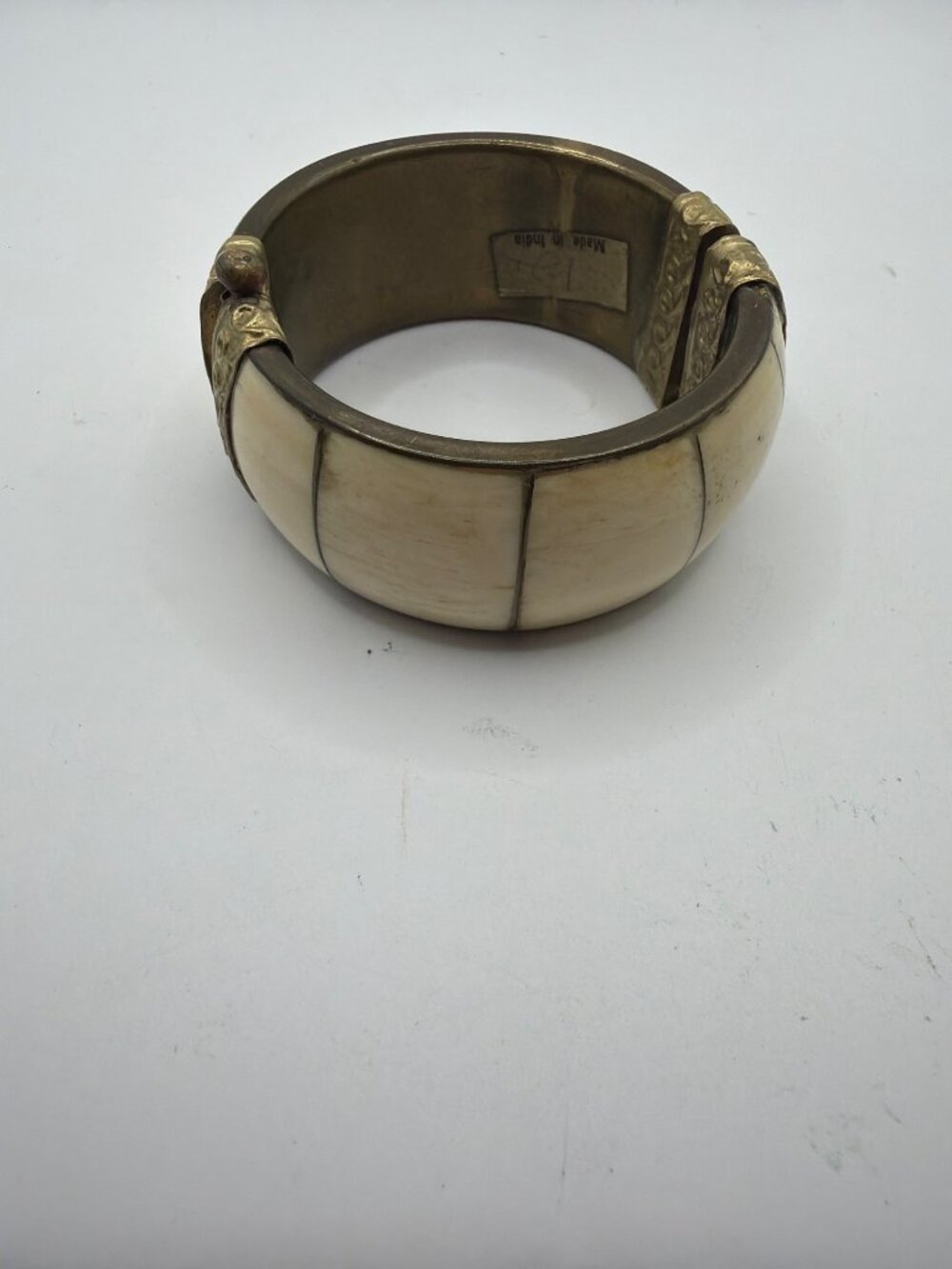 Vintage Brass & Bone Hinged Bangle Bracelet With Ornate Detailing Made In India